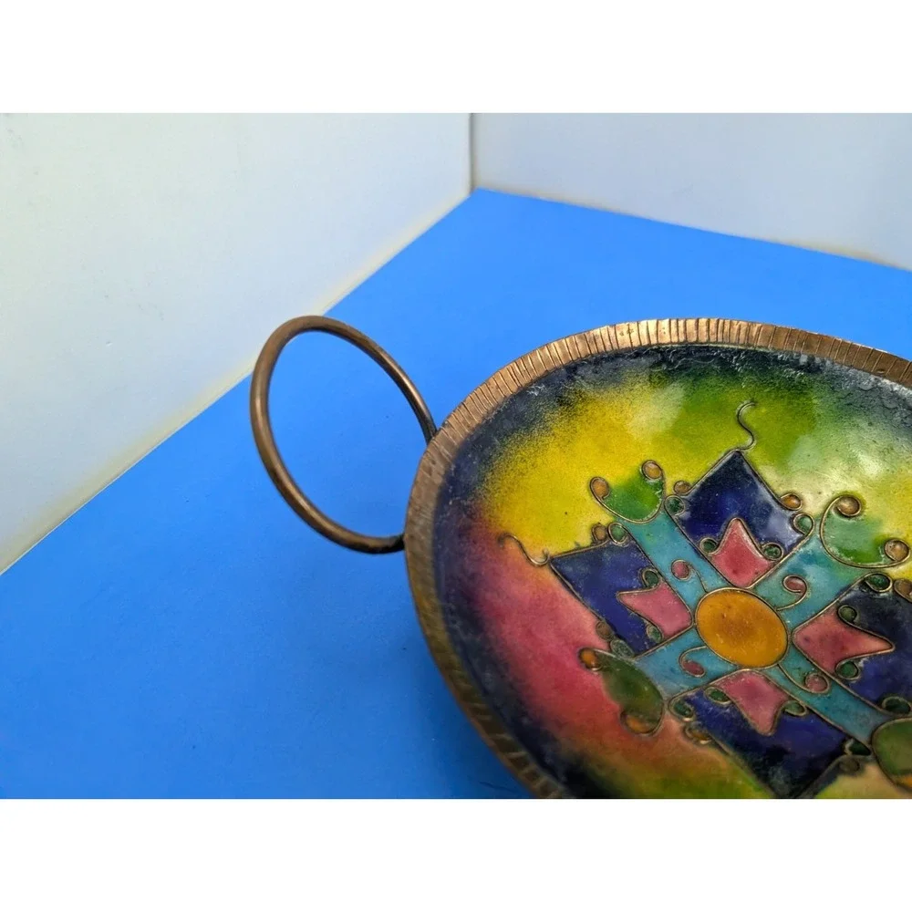 Vtg Indian Copper Brass Platter Prayer Colorful Enamel Bowl Platter Boho Handles